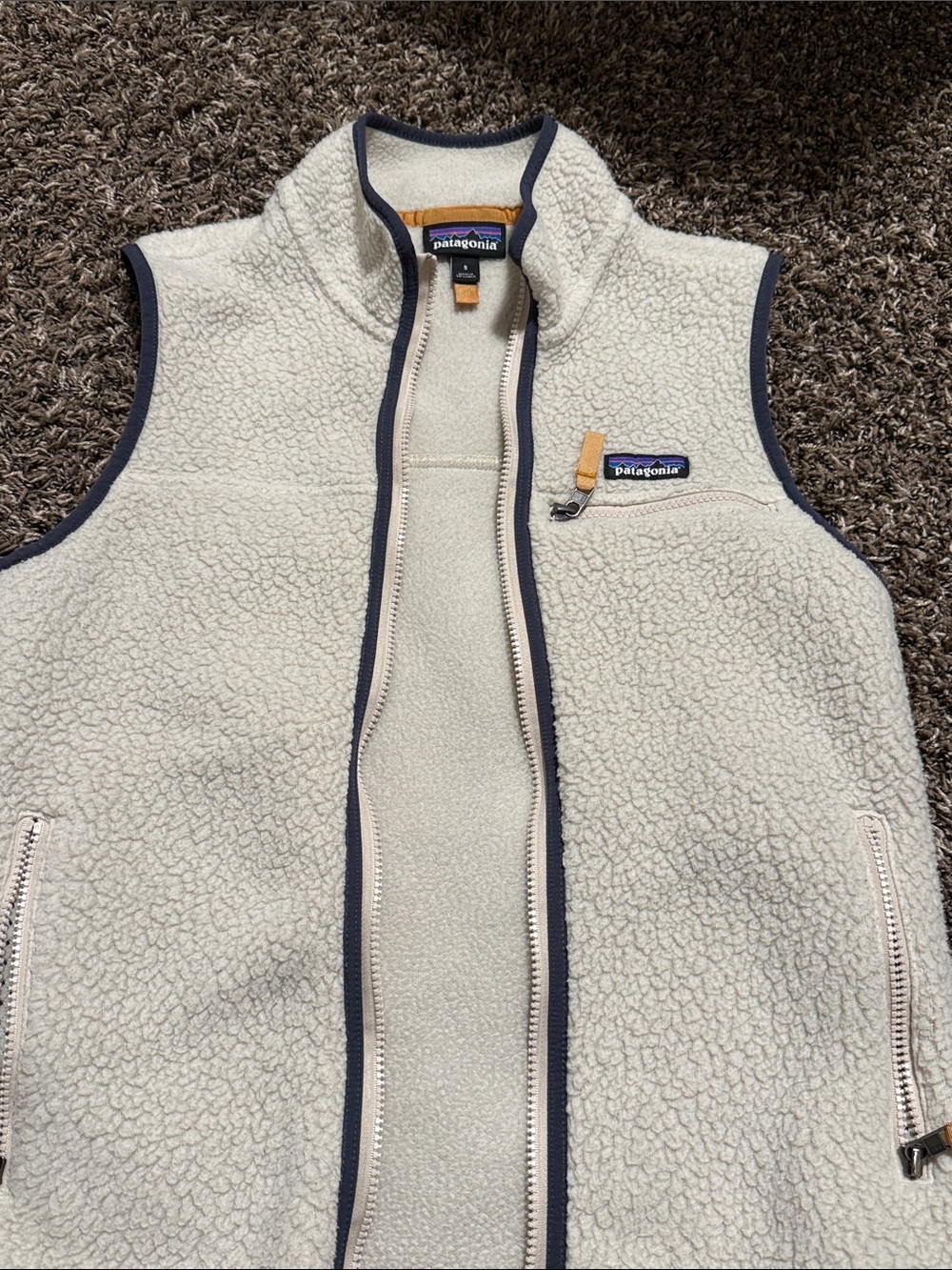 Patagonia Kids Cream Sherpa Vest with Navy Trim